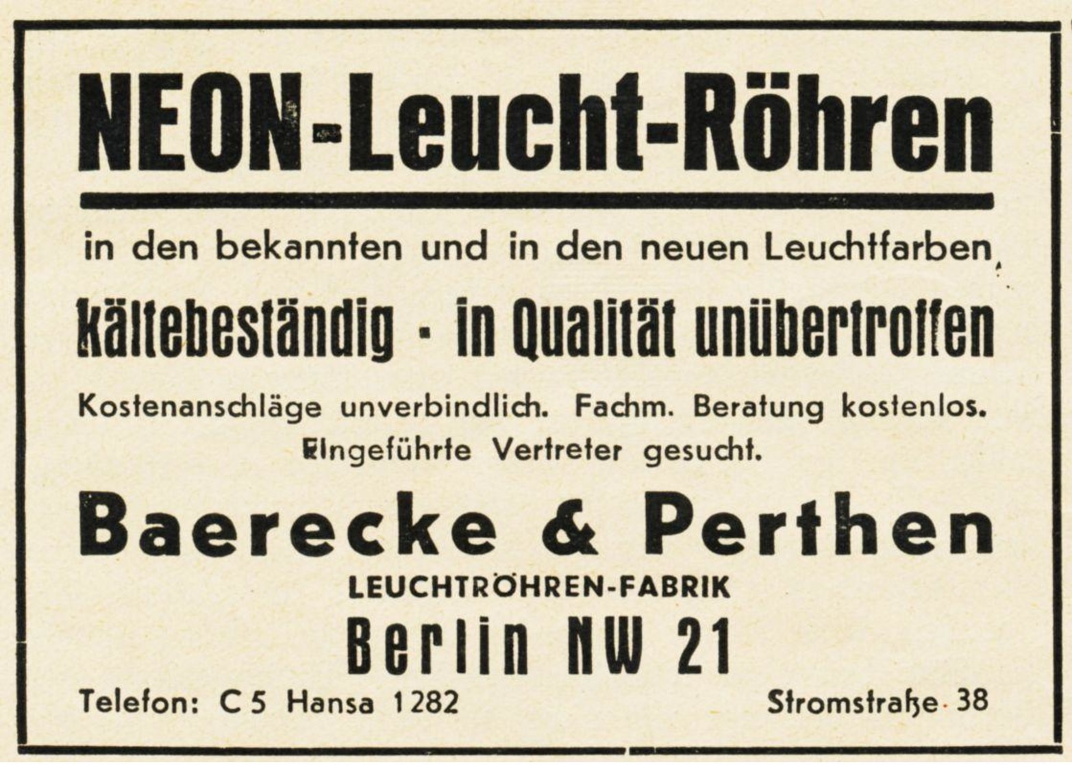 Original-Werbung/ Anzeige 1938 - NEON-LEUCHT-RÖHREN / BAERECKE & PERTHEN - BERLIN - Ca. 90 X 60 Mm - Publicités