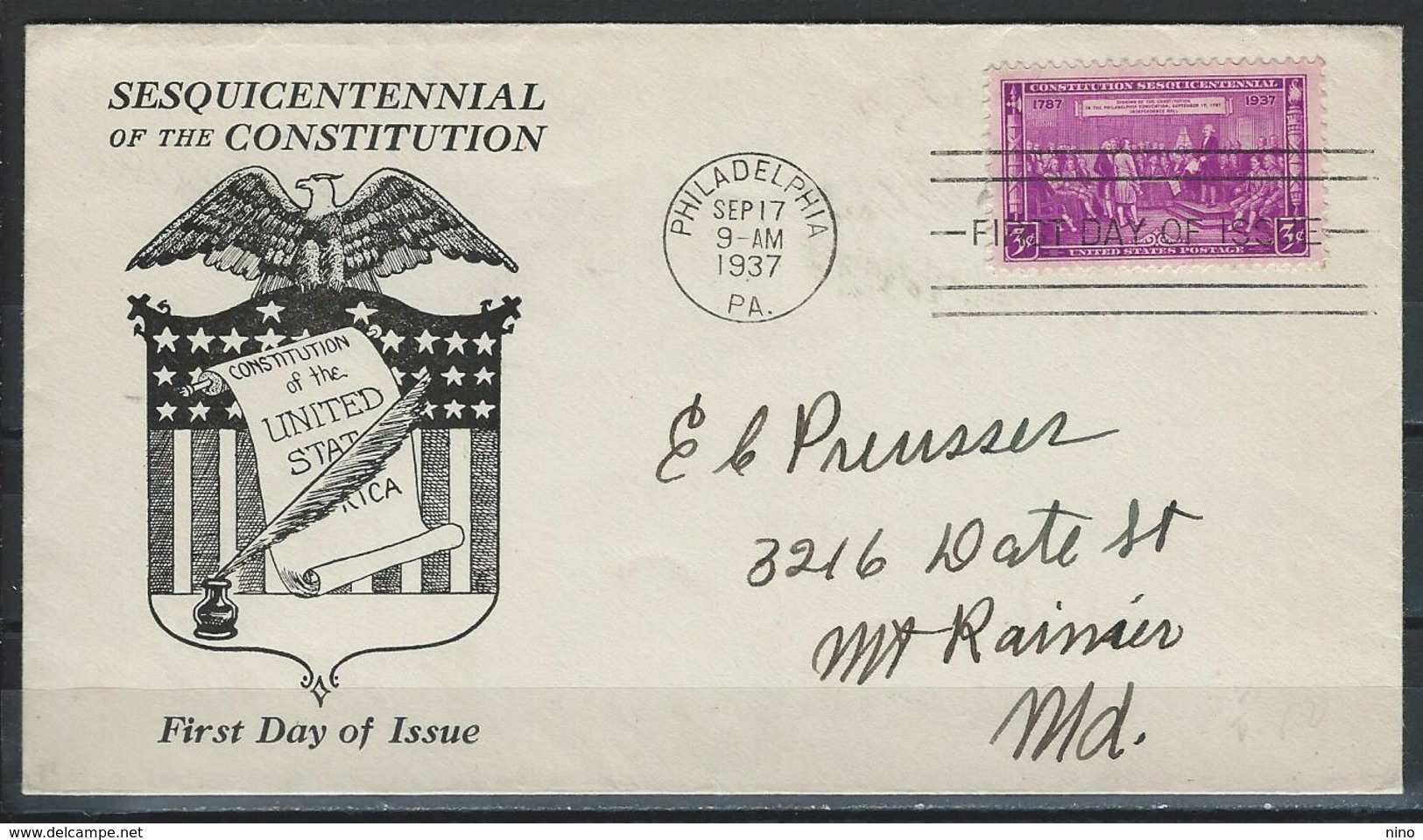 USA. Scott # 798 FDC. 150th. Anniv. Of US Constitution. Joint Issue With France 1937 - Gezamelijke Uitgaven