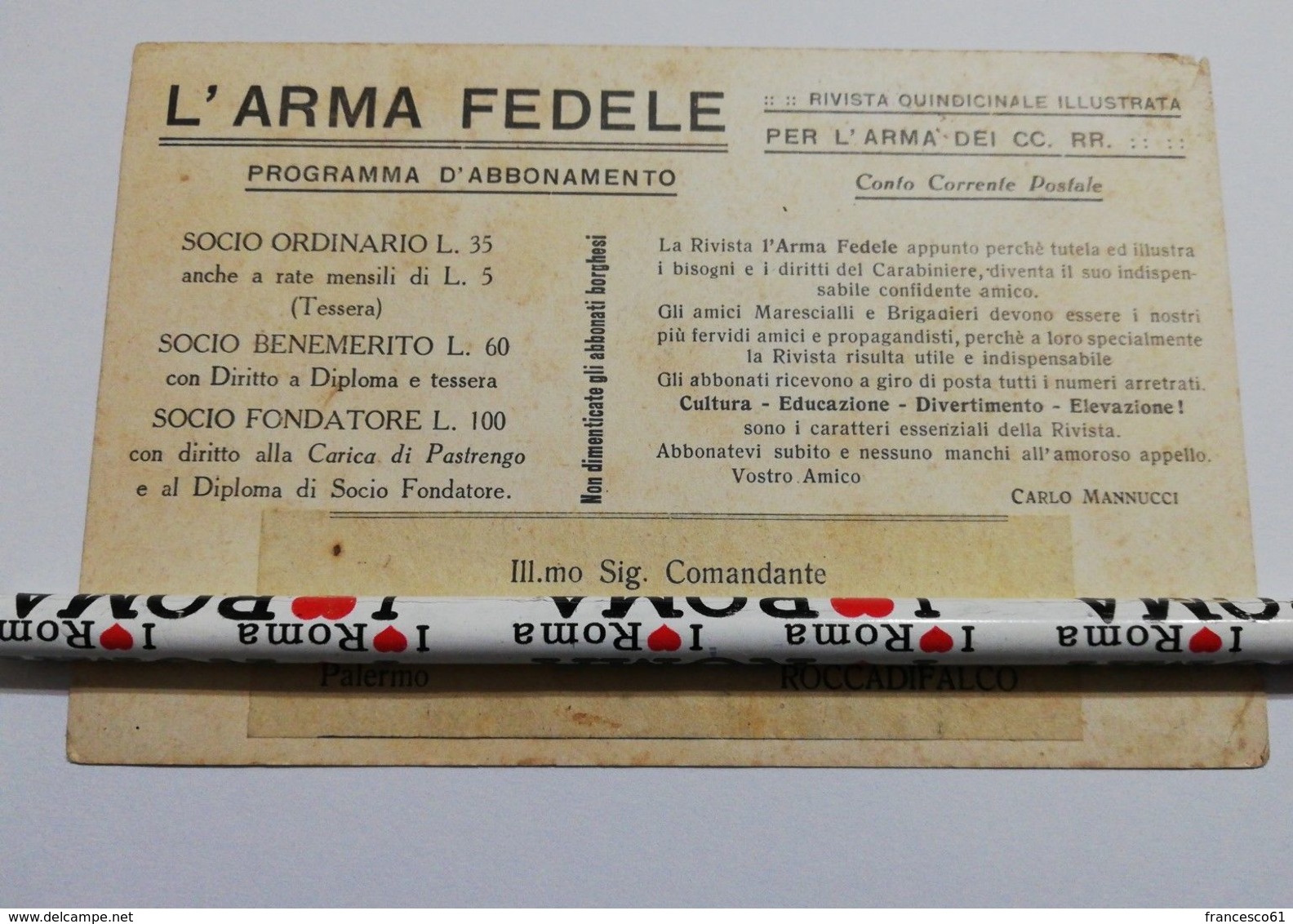 2763) Cartolina Viaggiata 1924 CARABINIERI REALI ARMA FEDELE TESSERA - Reggimenti