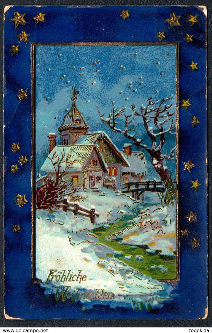 B8363 - Litho Lack Glückwunschkarte Weihnachten Winterlandschaft Golddruck - M.S.i.B. - Sonstige & Ohne Zuordnung