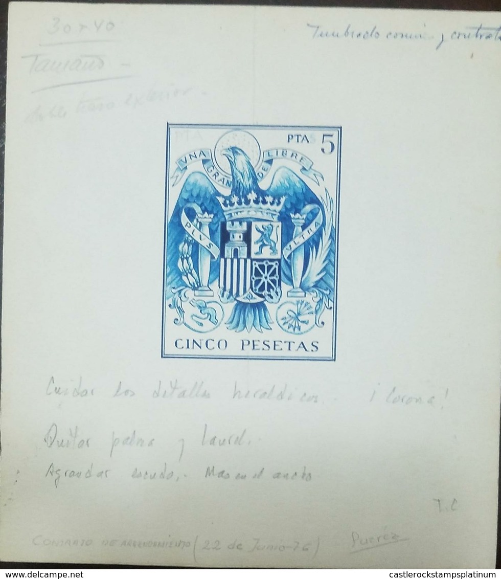 O) 1976 SPAIN, ARTWORK, SHIELD OF CATHOLIC KINGS OF SPAIN -ORIGINAL PENCIL DESIGN ON CARDBOARD FROM SUAREZ-UNIQUE PIECE, - Prove & Ristampe