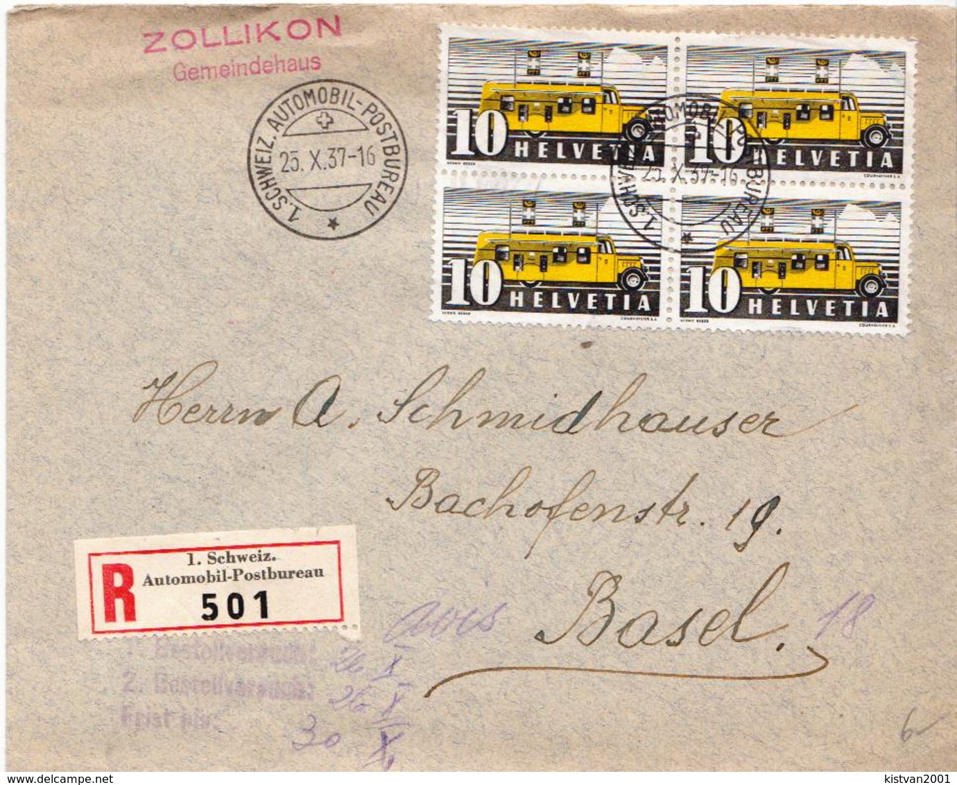 Postal History: Switzerland Registered Cover With 1. Schweiz. Automobil Postbureau Cancel From 1937 - Covers & Documents