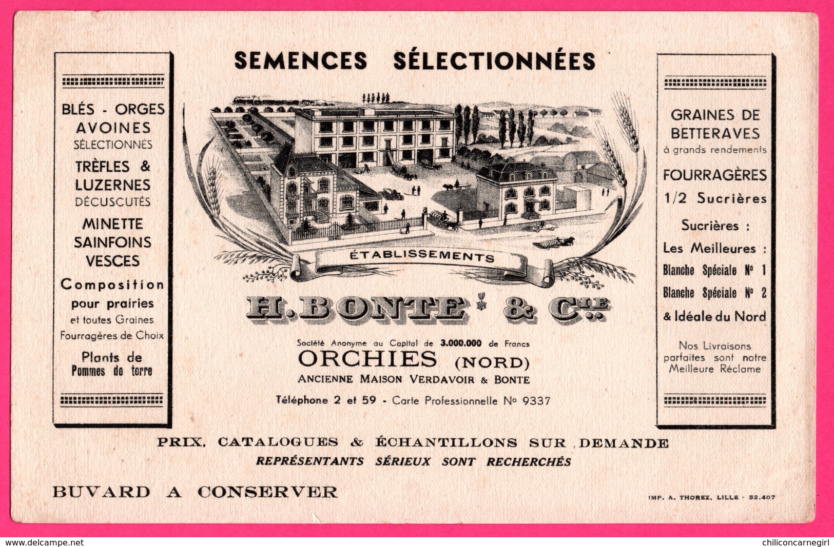 BUVARD Illustré - Ets H. BONTE - VERDAVOIR - Semences Sélectionnées - Betteraves - Orges - ORCHIES (59) - Imp. A. THOREZ - Agriculture