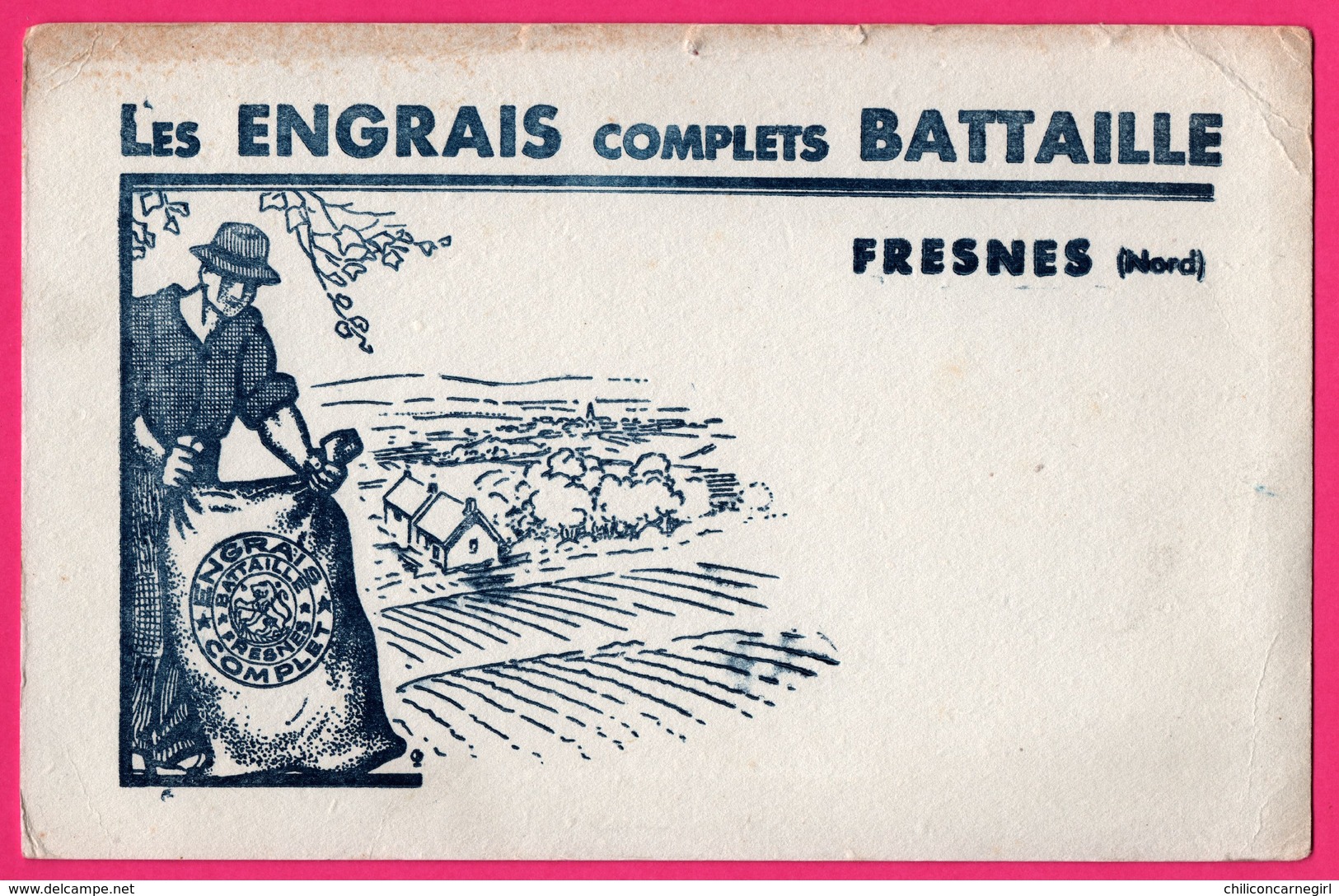 BUVARD Illustré - Les Engrais Complets BATTAILLE - Fresnes (59) - Sac - Fermier - Paysage - Agriculteur - Agricultura