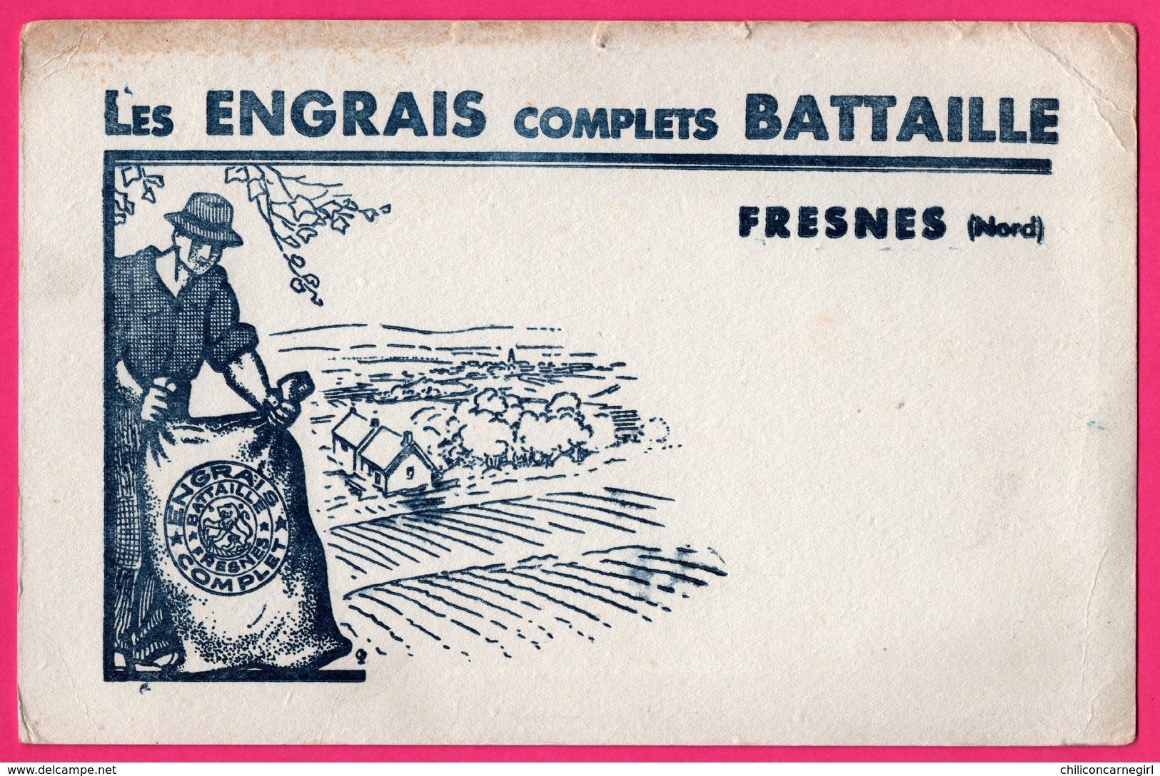 BUVARD Illustré - Les Engrais Complets BATTAILLE - Fresnes (59) - Sac - Fermier - Paysage - Agriculteur - Agricoltura