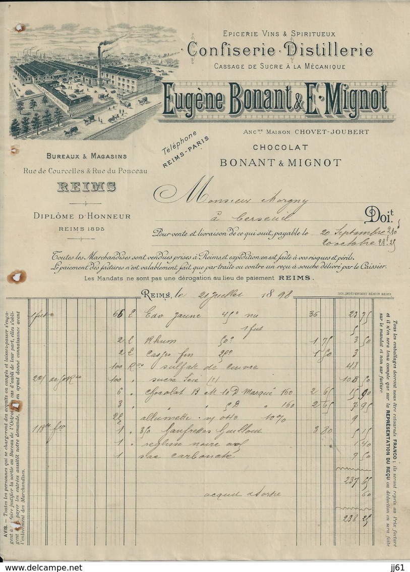 REIMS EUGENE BONANT E MIGNOT CONFISERIE DISTILLERIE CASSAGE DE SUCRE A LA MECANIQUE CHOCOLAT ANNEE 1898 - Autres & Non Classés