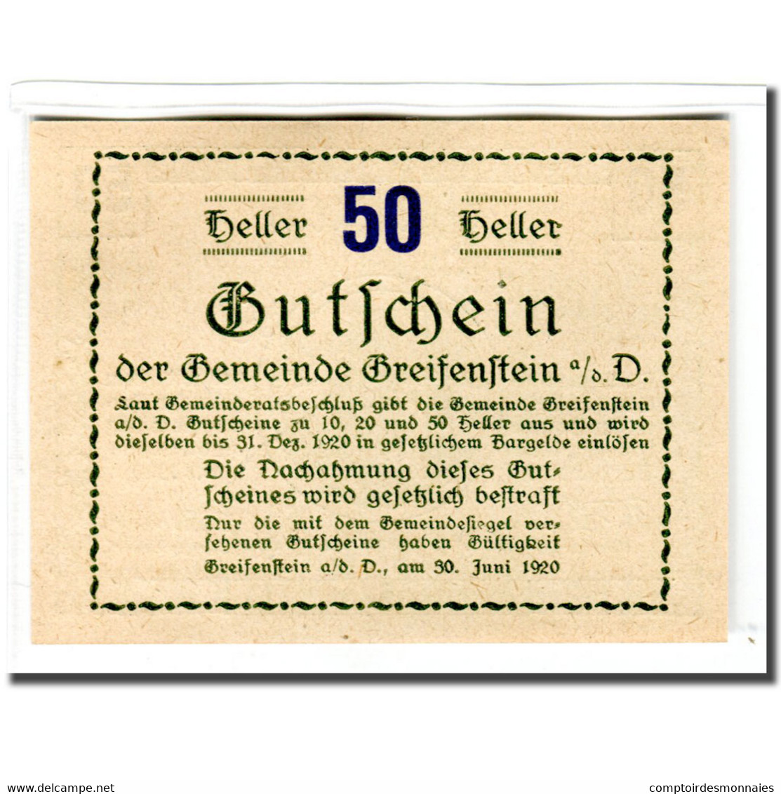 Billet, Autriche, Greifenstein N.Ö. Gemeinde, 50 Heller, Texte 6, 1920 - Autriche