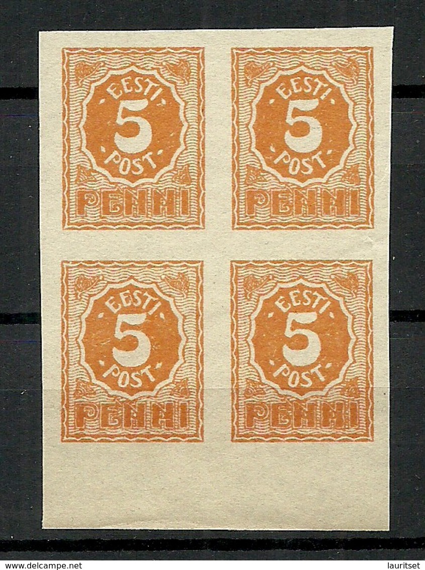 Estland Estonia 1919 Michel 6 As 4-Block Incl ERROR VARIETY C: 1 (horizontal Water Mark Line) MNH - Estonie