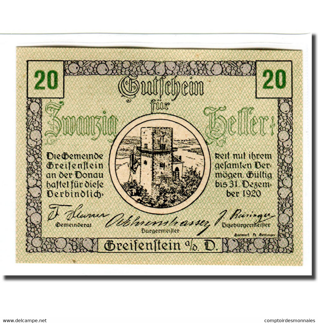 Billet, Autriche, Greifenstein N.Ö. Gemeinde, 20 Heller, Texte 3, 1920 - Autriche