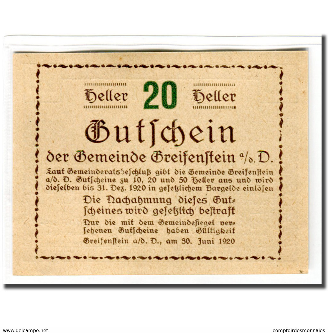 Billet, Autriche, Greifenstein N.Ö. Gemeinde, 20 Heller, Texte 3, 1920 - Autriche