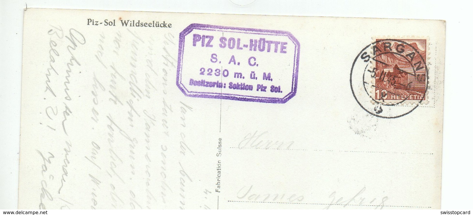 WANGS Pizol-Hütte S.A.C. Stempel Ski Hütte Gel. 1945 V. Sargans N. Zürich - Sargans