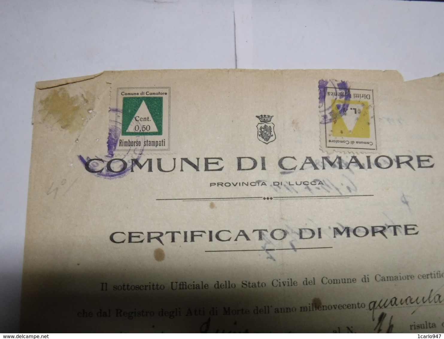 CAMAIORE     --LUCCA   --- MARCA COMUNALE --FISCALE  --- L.1,00 +0,50 ---  SU DOCUMENTO - Fiscali