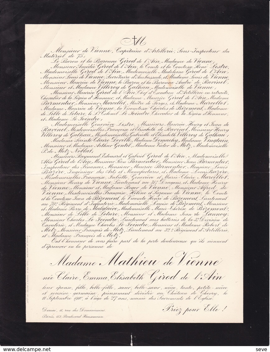 Château De CHEVRY Claire GIROD De L'AIN épouse MATHIEU De VIENNE 27 Ans 1910 Lettre Mortuaire - Décès