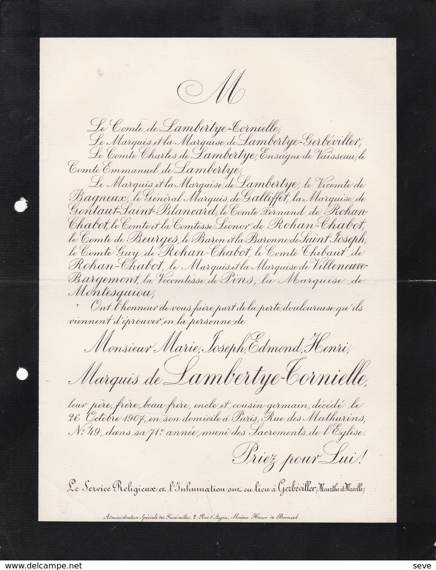 GERBEVILLER MEURTHE-et-MOSELLE Marie Joseph De LAMBERTYE-TORNIELLE 71 Ans 1907 Lettre Mortuaire De GALLIFET - Décès