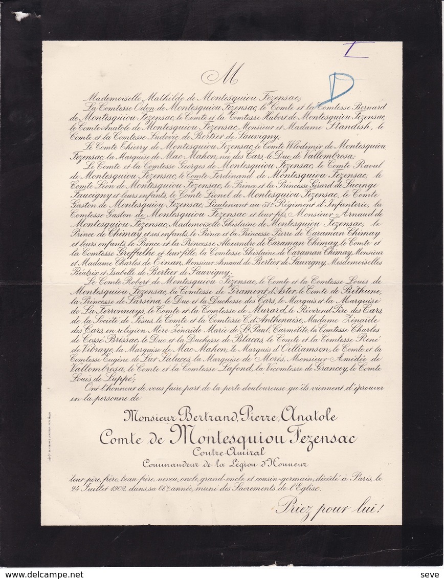 PARIS Comtre-amiral Bertrand Comte De MONTESQUIOU FEZENSAC 66 Ans 1902 Lettre Mortuaire - Décès