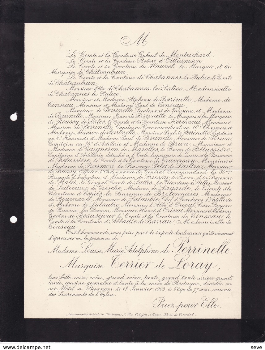 Besançon Louise De PERRINELLE Marquise TERRIER De LORAY  77 Ans 1903 Famille De MONTRICHARD Du HAUVEL - Décès