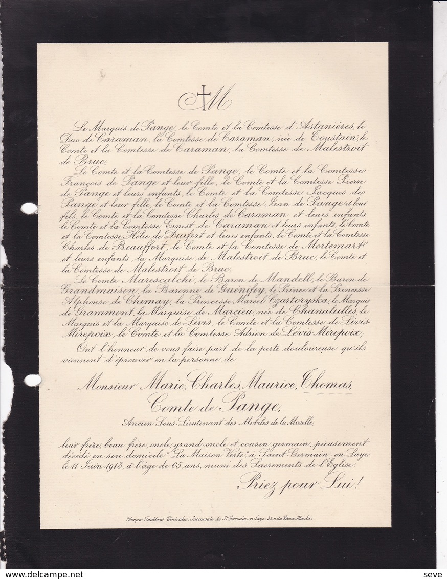 SAINT-GERMAIN-en-LAYE Marie Thomas Comte De PANGE 65 Ans Ancien Mobiles De La Moselle Lettre Mortuaire De CARAMAN 1913 - Décès