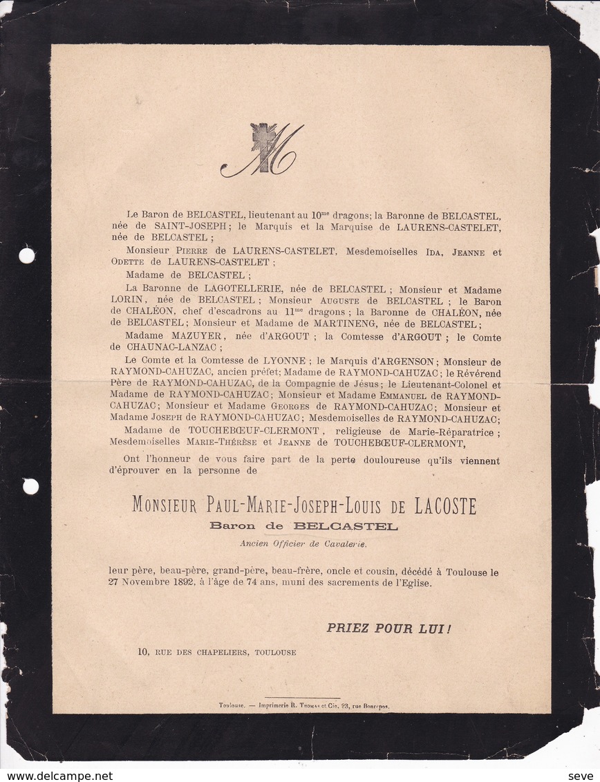 TOULOUSE Paul De LACOSTE Baron De BELCASTEL 74 Ans 1892 Famille De LAGOTELLERIE D'ARGENSON - Décès