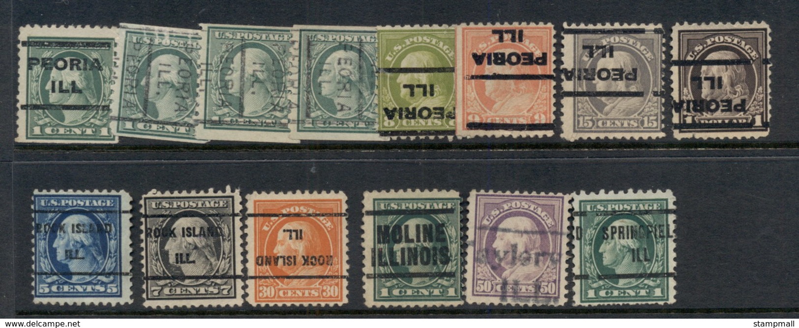 USA 1908-1919 Washington Franklin Precancels T&C Assortment, Illinois 3 Scans - Used Stamps