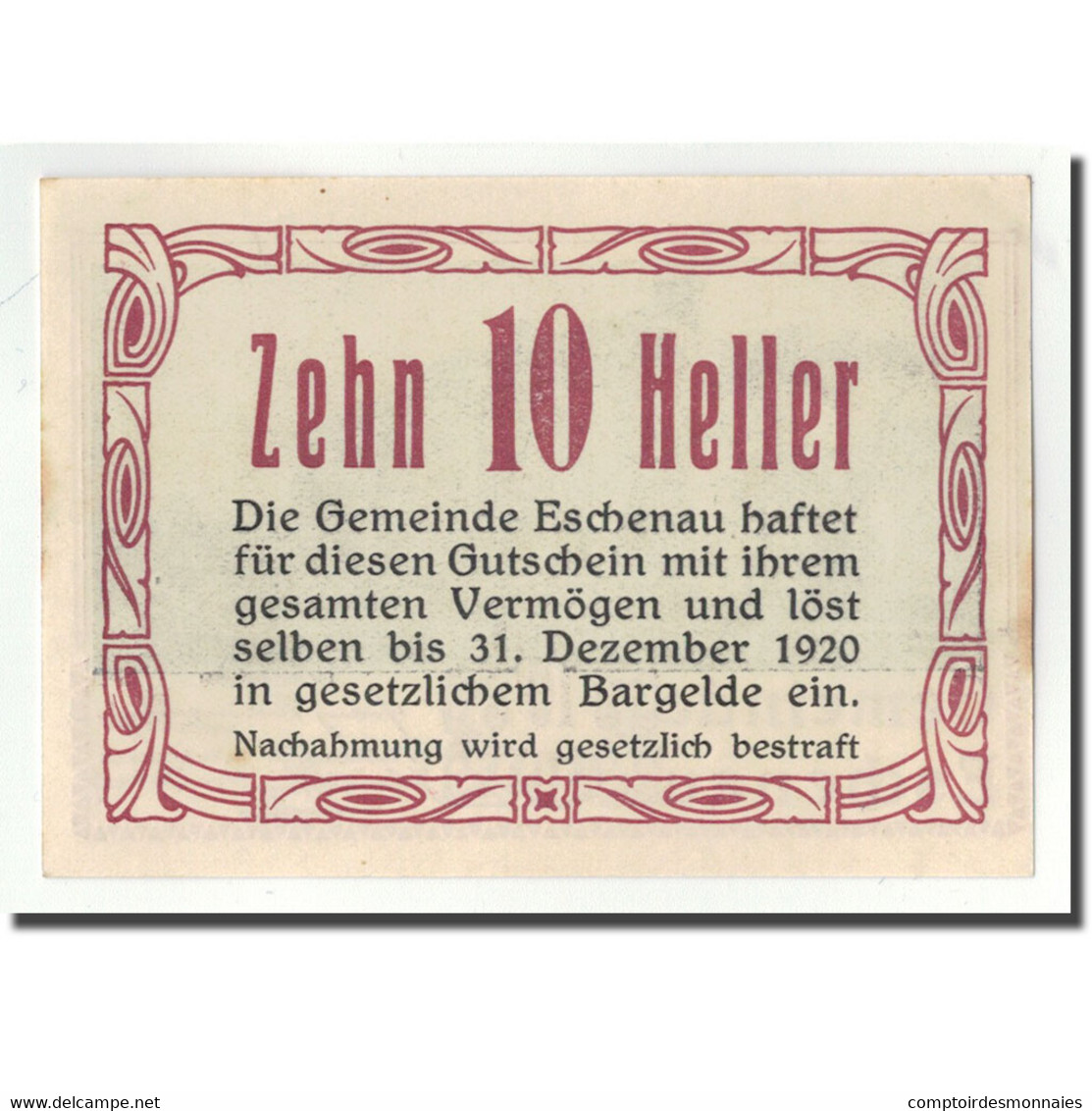 Billet, Autriche, Eschenau, 10 Heller, Paysage, 1920, SPL, Mehl:FS 186a - Autriche