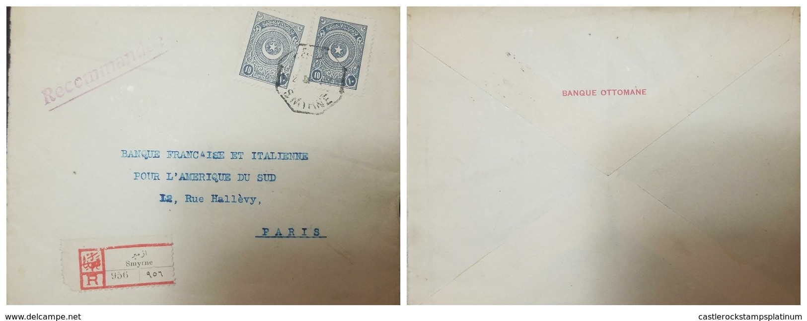 O) 1923 TURKEY, CRESCENT AND STAR-SYMBOLS OF TURKISH CALIPHATE SCT 605 10pa, REGISTERED FROM SMYRNE-BANQUE OTTOMANE-​REC - Covers & Documents