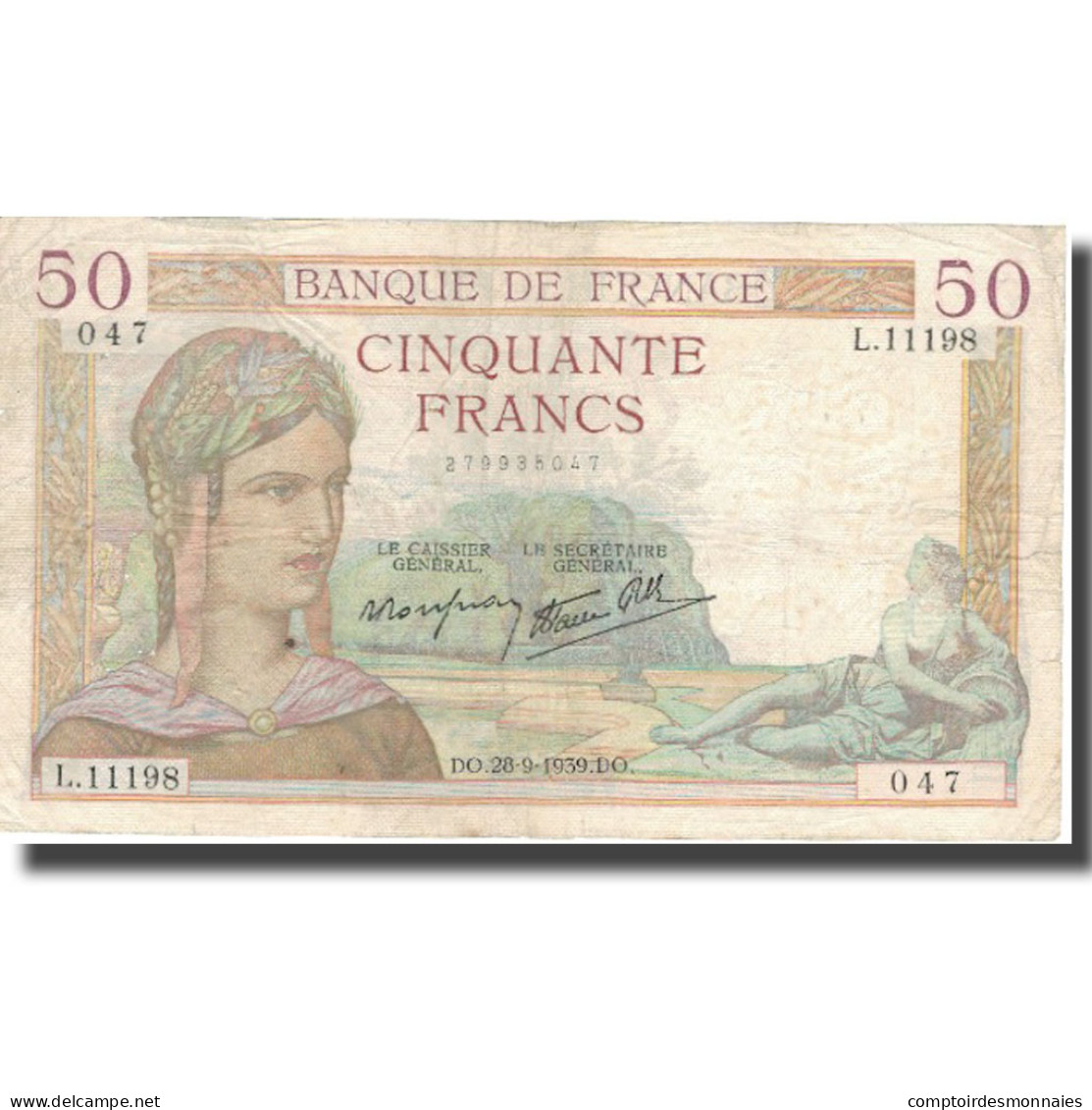 France, 50 Francs, 50 F 1934-1940 ''Cérès'', 1939, 1939-09-28, TB - 50 F 1934-1940 ''Cérès''