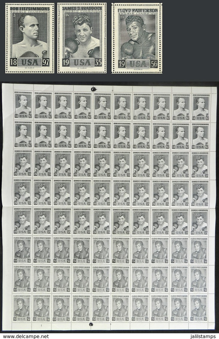 TOPIC BOXING: Complete Sheet Of 80 Cinderellas Of The Famous Engraver Czeslau Slania With 3 Different Models: Bob Fitzsi - Erinnophilie