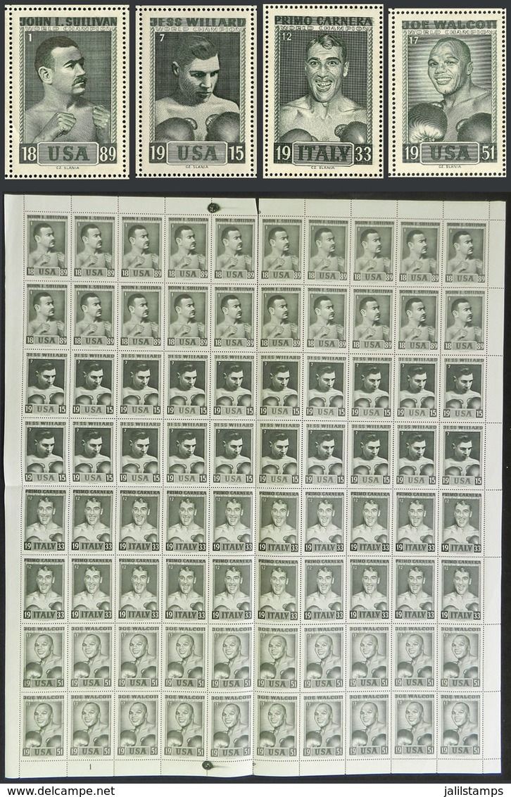 TOPIC BOXING: Complete Sheet Of 80 Cinderellas Of The Famous Engraver Czeslau Slania With 4 Different Models: John L. Su - Vignetten (Erinnophilie)