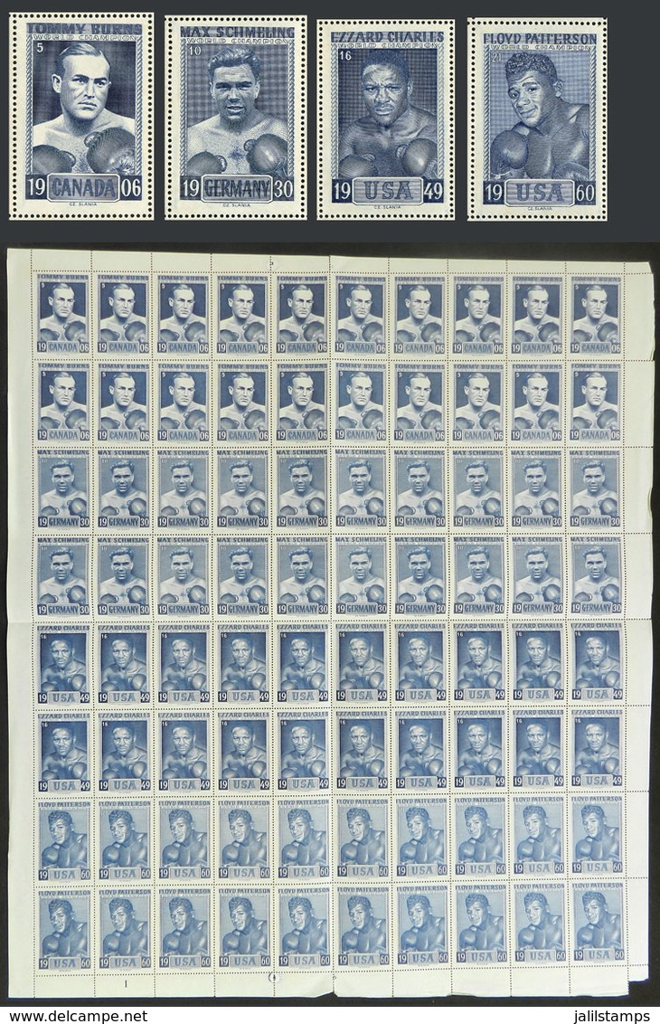 TOPIC BOXING: Complete Sheet Of 80 Cinderellas Of The Famous Engraver Czeslau Slania With 4 Different Models: Tommy Burn - Erinnofilie