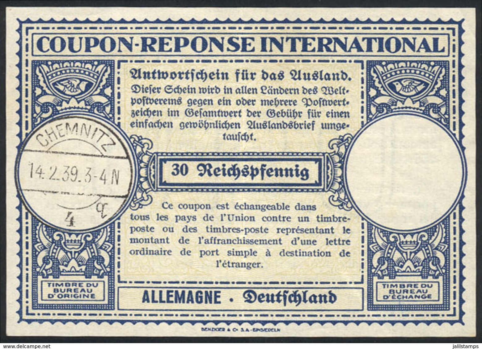 GERMANY: IRC Of 30Pf. With Chemnitz Postmark Of 14/FE/1939, Excellent Quality! - Other & Unclassified