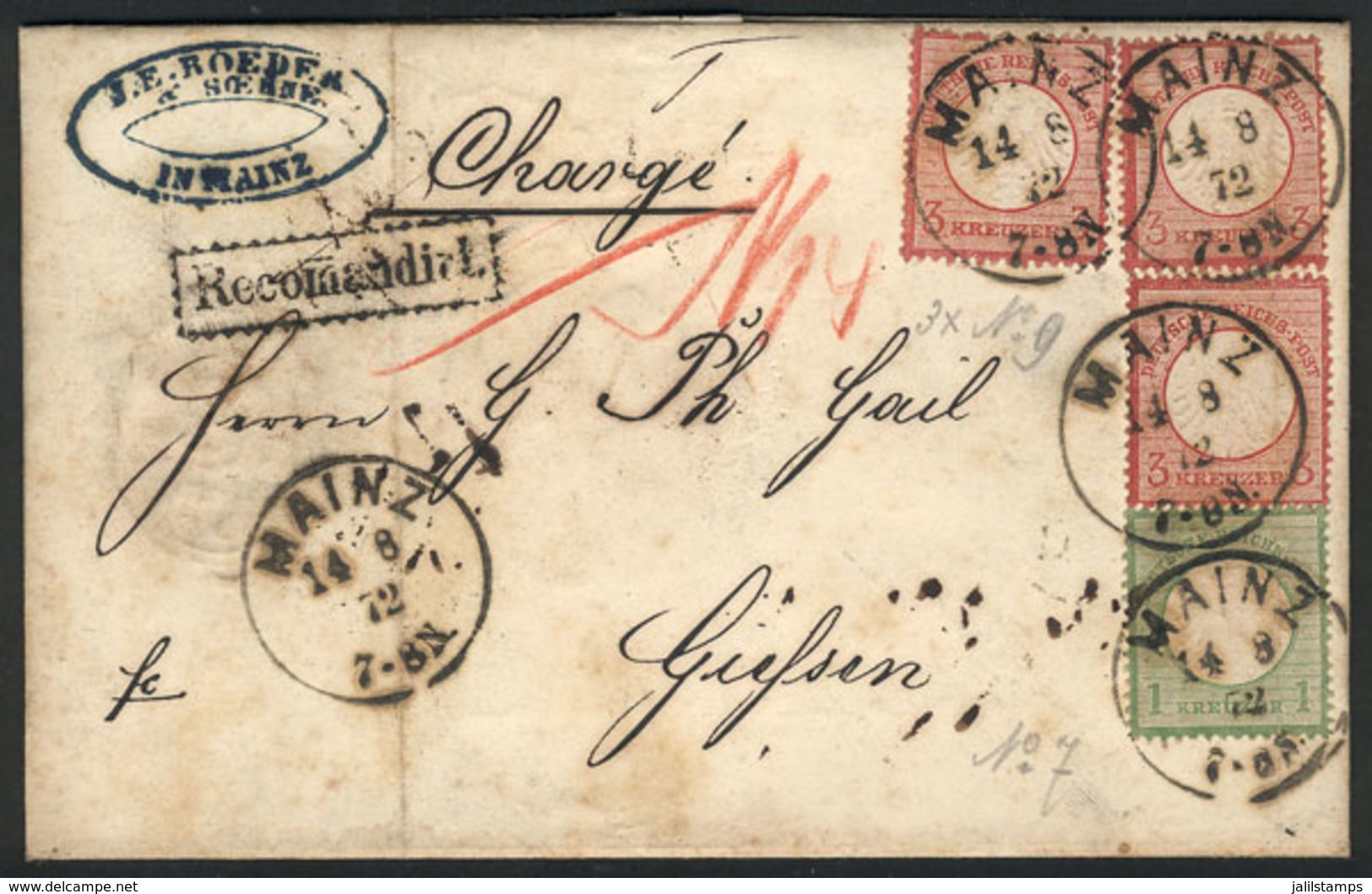 GERMANY: Entire Letter Sent By Registered Mail From Mainz To Giessen On 14/AU/1871, Franked With 10Kr., Fine Quality, Ve - Covers & Documents