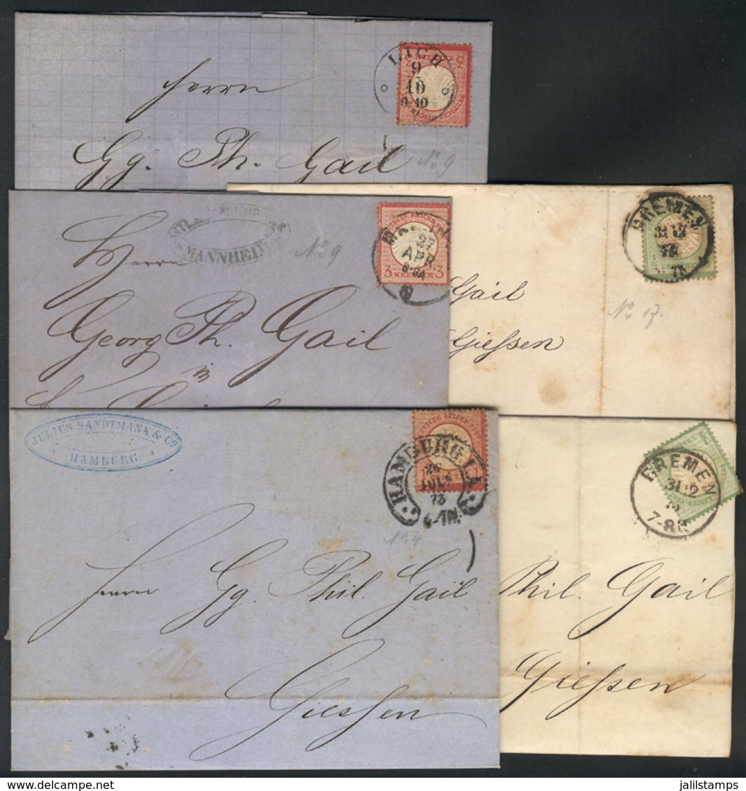 GERMANY: 5 Entire Letters Posted Between 1872 And 1874 Franked With 1/3Gr. (Scott 15), 1Gr. (Sc.4), Or 3Kr.(Sc.9 ), Very - Lettres & Documents