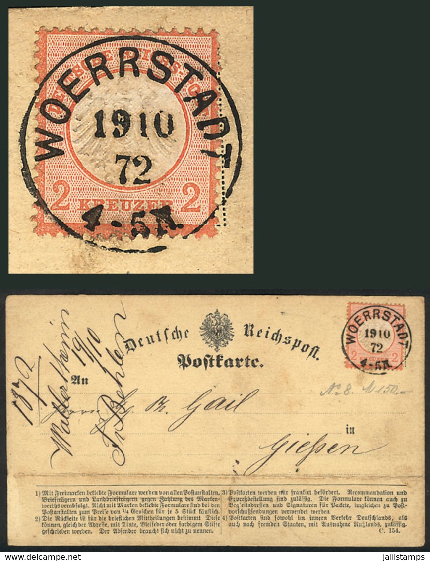 GERMANY: Card Sent From Woerrstadt To Giessen On 19/OC/1872, Franked With 2Kr. Orange (Sc.8), Minor Defects (crease And  - Lettres & Documents