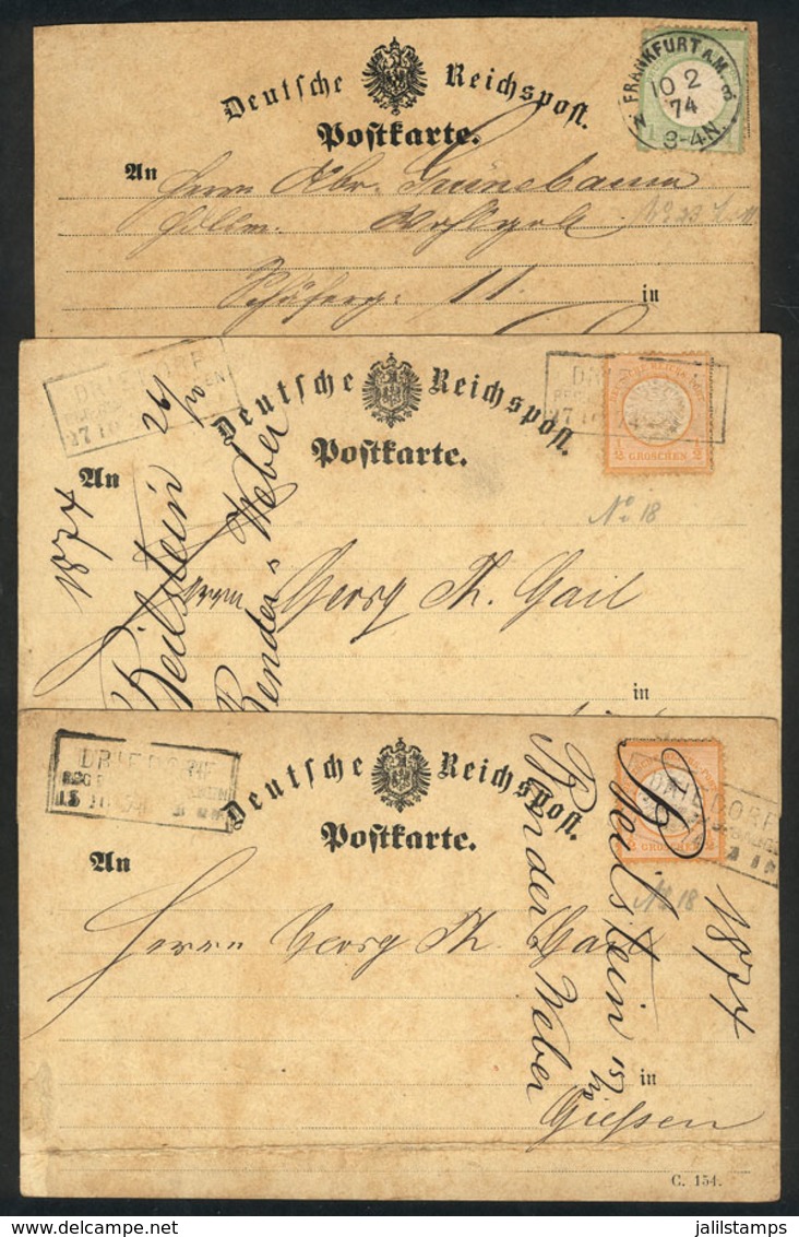GERMANY: 3 Cards Used In 1874 With Postages Of ½Gr. (2) And 1Kr., With Attractive Postal Marks, Minor Defects (crease An - Briefe U. Dokumente