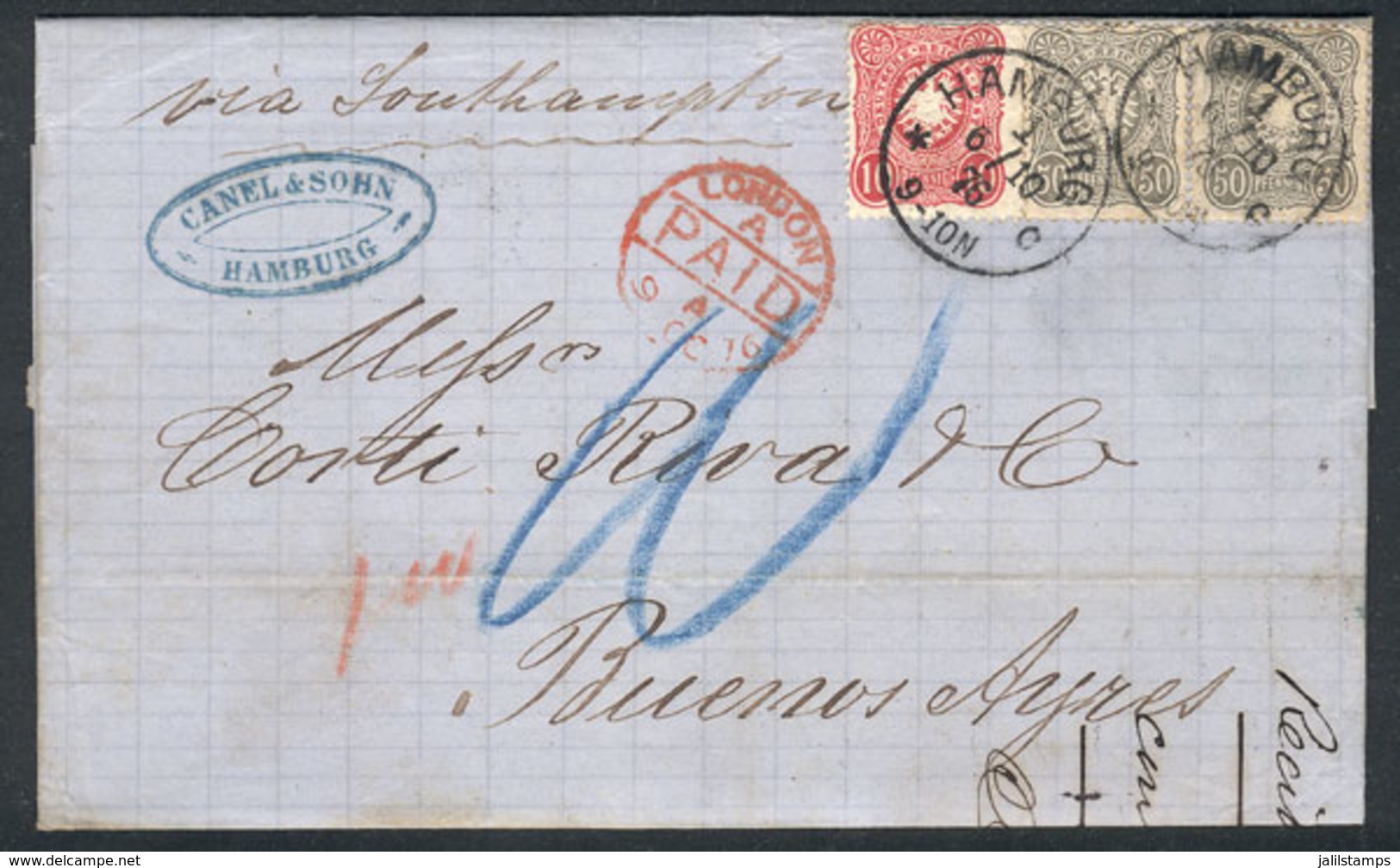 GERMANY: 6/OC/1876 HAMBURG - Buenos Aires: Long Letter Written In French, Franked By Sc.41 + 34 Pair, Datestamp Of Hambu - Lettres & Documents