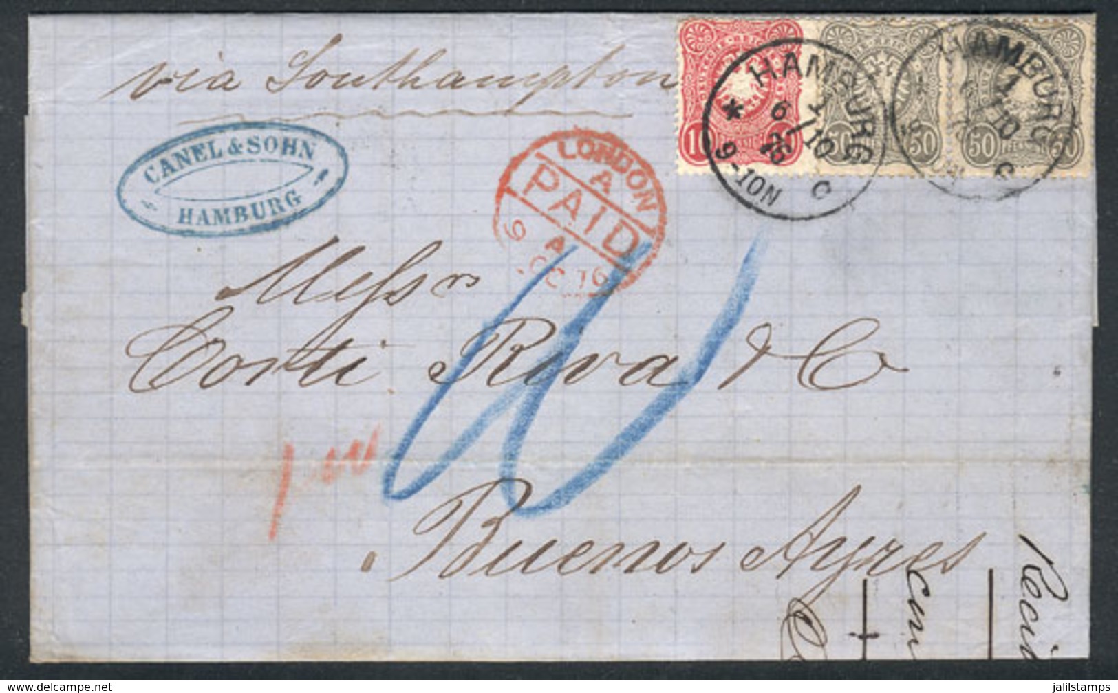 GERMANY: 6/OC/1876 HAMBURG - Buenos Aires: Long Letter Written In French, Franked By Sc.41 + 34 Pair, Datestamp Of Hambu - Cartas & Documentos