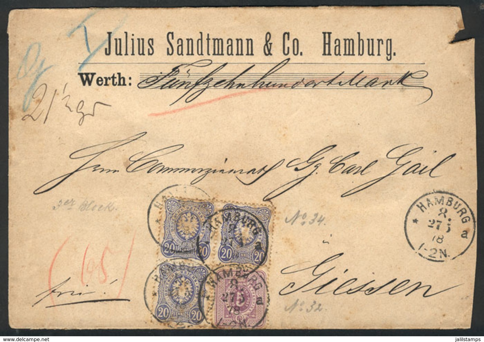 GERMANY: Cover With Declared Value Sent From Hamburg To Giessen On 27/MAY/1878, Franked With 65Pf., Minor Faults, Very N - Cartas & Documentos