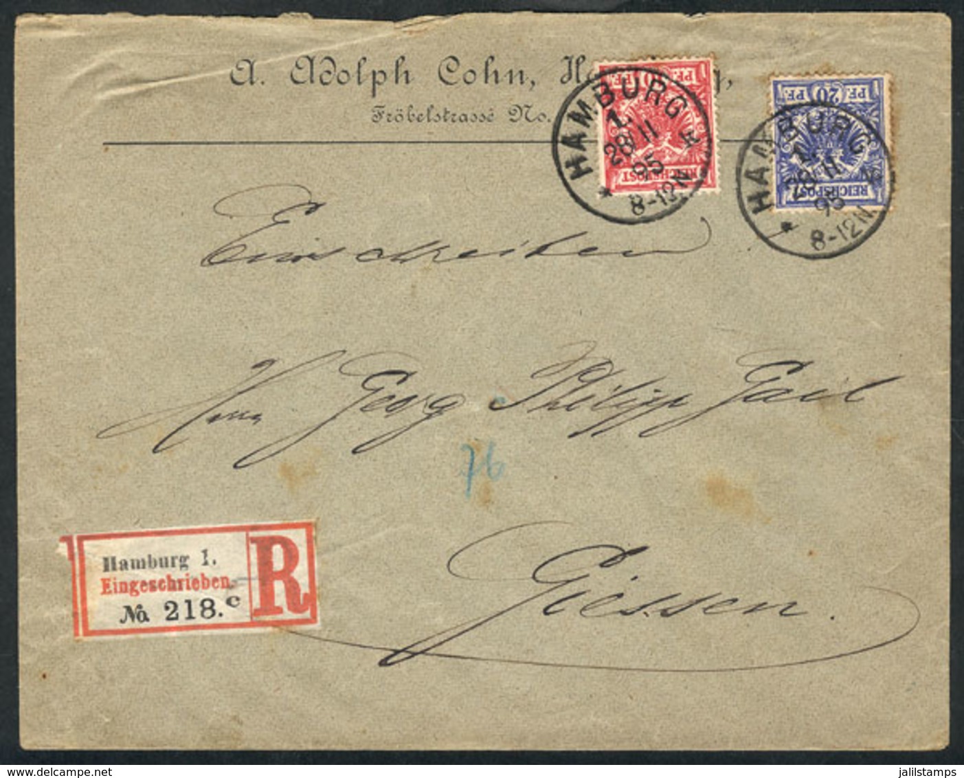 GERMANY: Registered Cover Sent From Hamburg To Giesse On 28/NO/1895 Franked With 30Pf., Very Nice! - Briefe U. Dokumente