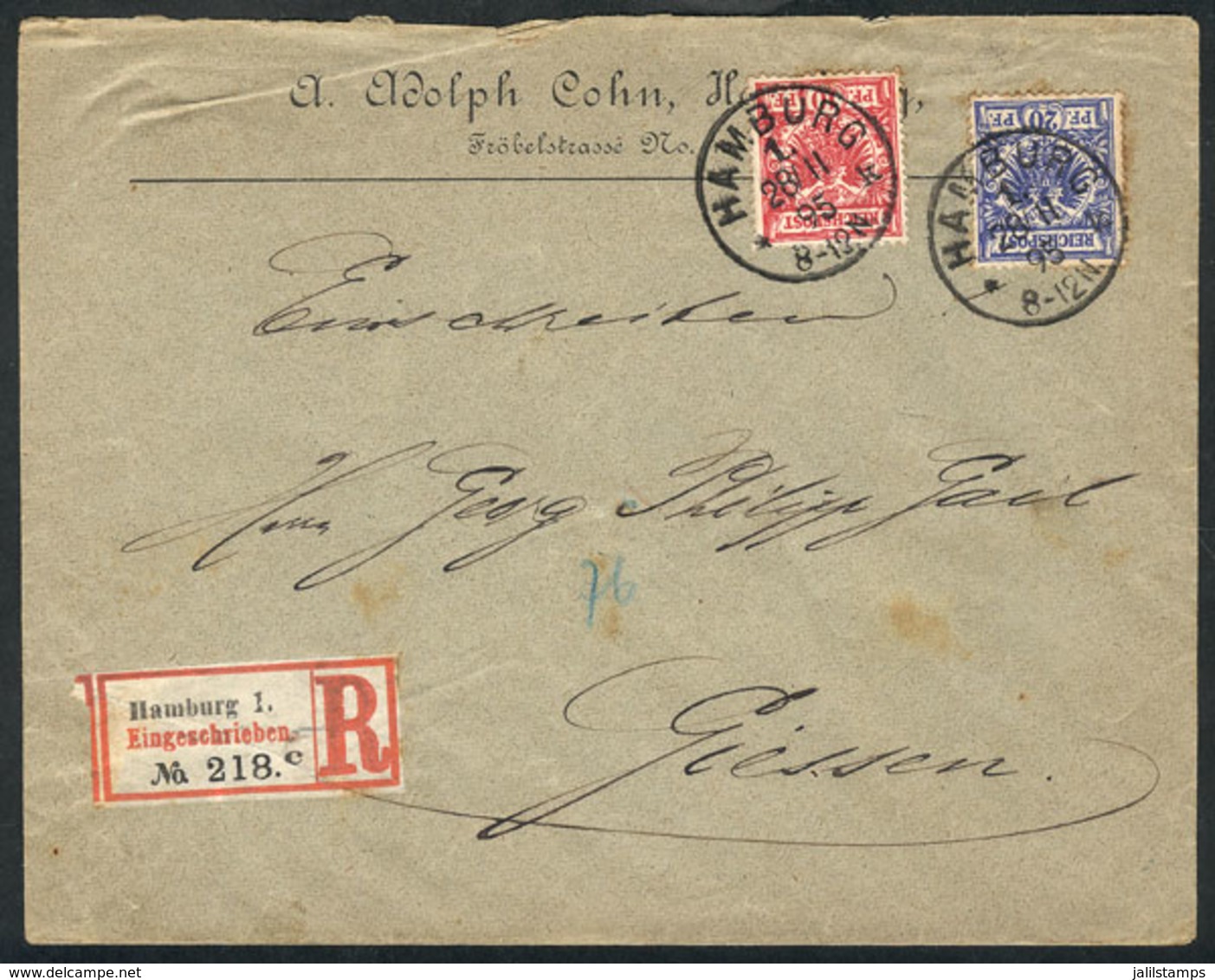 GERMANY: Registered Cover Sent From Hamburg To Giesse On 28/NO/1895 Franked With 30Pf., Very Nice! - Cartas & Documentos