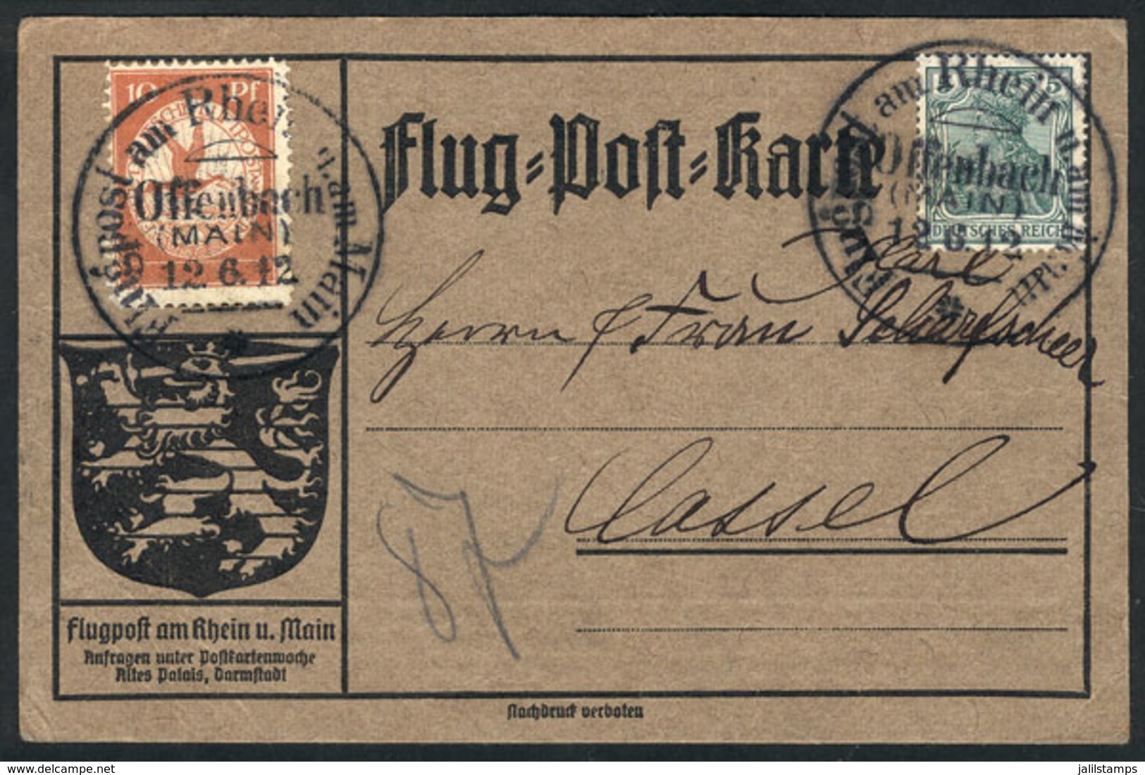 GERMANY: Special Card Flown In Offenbach On 12/JUN/1912, With Special Stamp Of 10Pf. (Sc.CL1), Very Fine Quality! - Covers & Documents