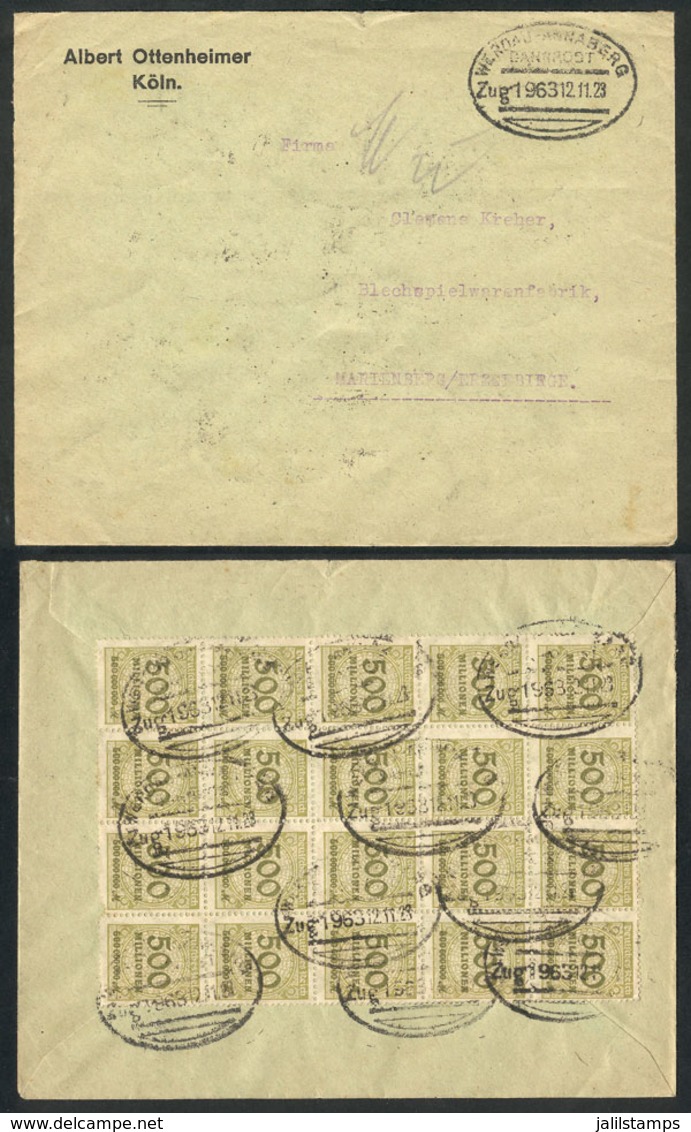 GERMANY: Cover Sent From Köln To Marienberg On 12/NO/1923, With INFLA Postage On Back Of 10,000,000,000Mk. (block Of 10  - Brieven En Documenten
