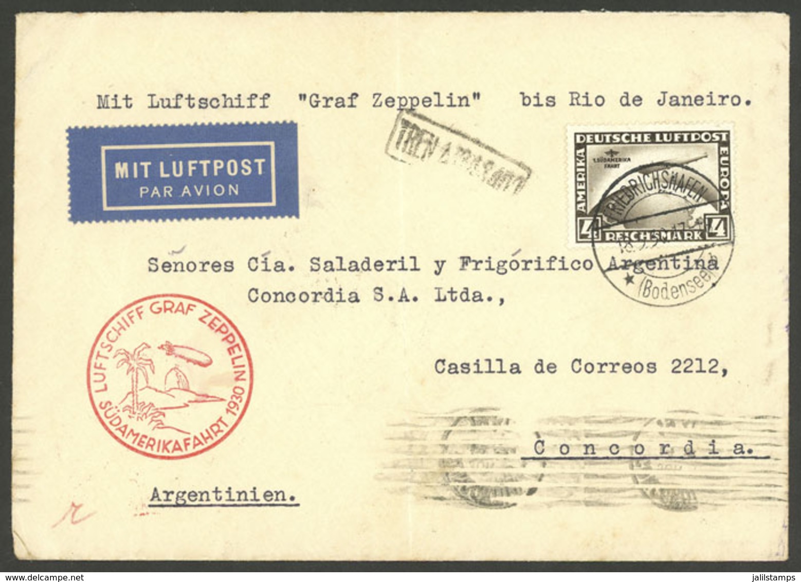 GERMANY: "COMMERCIAL Cover Flown By ZEPPELIN, Sent From Friedrichshafen To Concordia (Argentina) On 18/MAY/1930, Franked - Briefe U. Dokumente