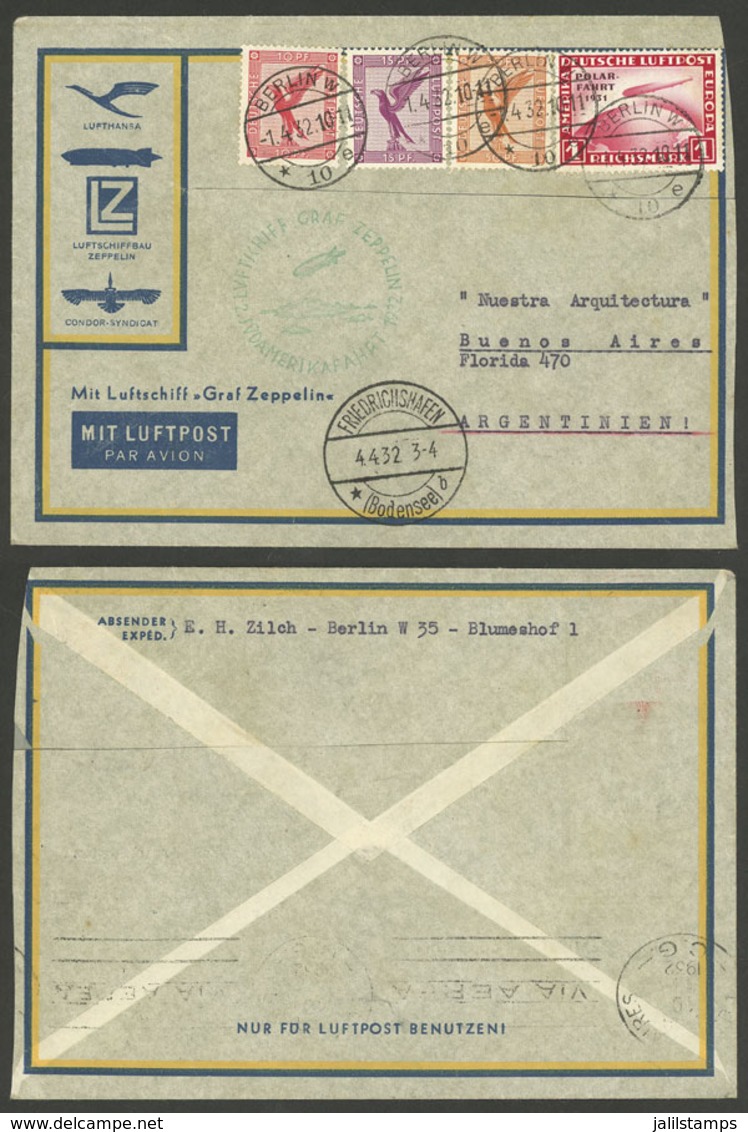 GERMANY: 1/AP/1932 Berlin - Argentina, COMMERCIAL Cover Flown By ZEPPELIN, Franked By Sc.C40 (1M. Polar-Fahrt, Catalog V - Storia Postale