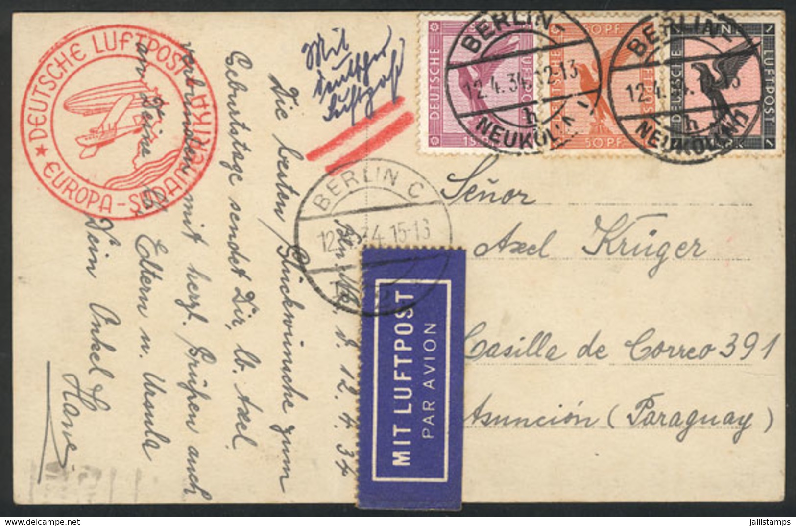 GERMANY: Postcard Franked With 1.65Mk, Sent From Berlin To PARAGUAY On 12/AP/1934 By Airmail, VF Quality! - Lettres & Documents