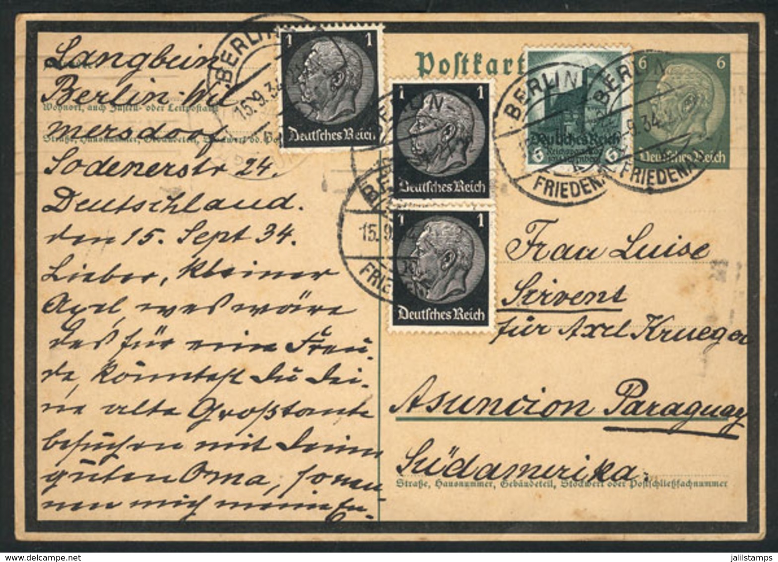 GERMANY: Postal Card Sent From Berlin To PARAGUAY On 15/SE/1934, VF Quality! - Storia Postale