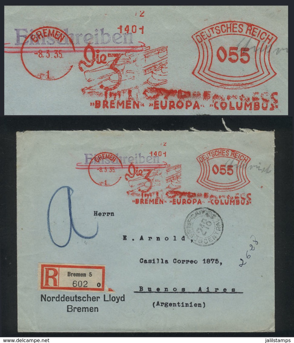 GERMANY: Registered Cover Sent From Bremen To Buenos Aires On 8/MAR/1935 Bearing Nice Meter Postage With Advertising For - Brieven En Documenten