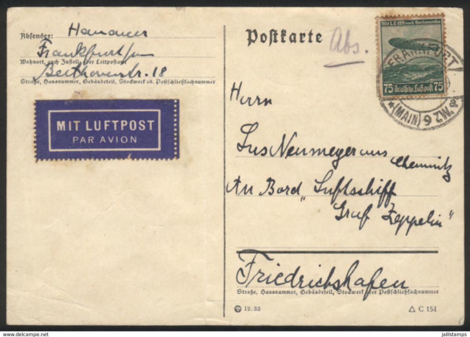 GERMANY: Card Sent From Frankfurt To A Passenger Aboard The ZEPPELIN On 8/AP/1936, Interesting! - Covers & Documents