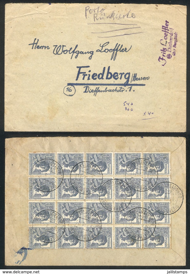 GERMANY: Cover Sent From Diethensdorf To Friedberg On 29/JUN/1948, With Attractive Postage On Back (12Pf. In Block Of 20 - Covers & Documents