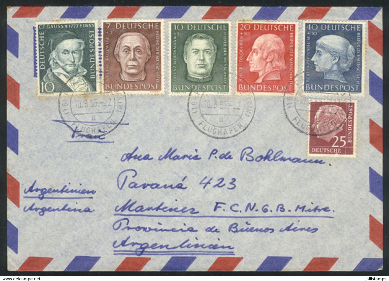 WEST GERMANY: Airmail Cover Sent To Argentina On 10/MAR/1955, Franked With The Set Yvert 76/79 + Other Values, Very Nice - Brieven En Documenten