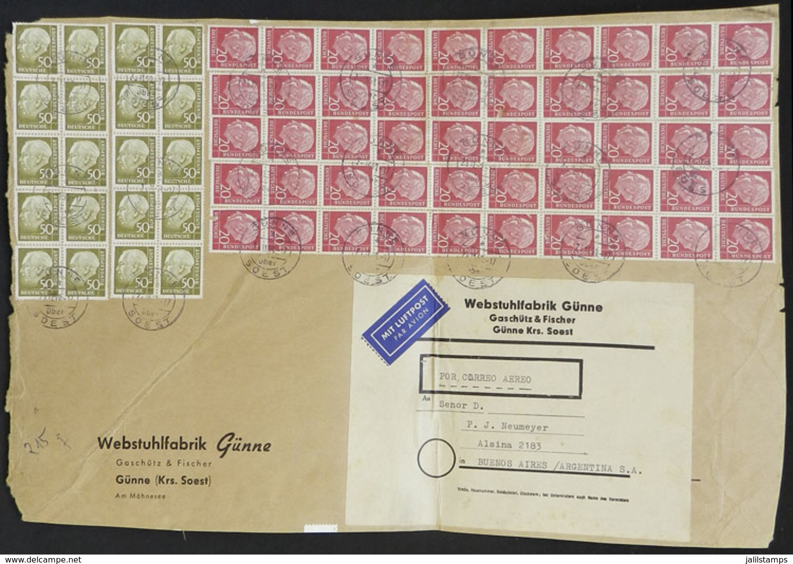 WEST GERMANY: Airmail Cover Front Sent From Günne To Argentina On 26/NO/1959 With Nice 20DM. Postage, Including 2 Blocks - Brieven En Documenten